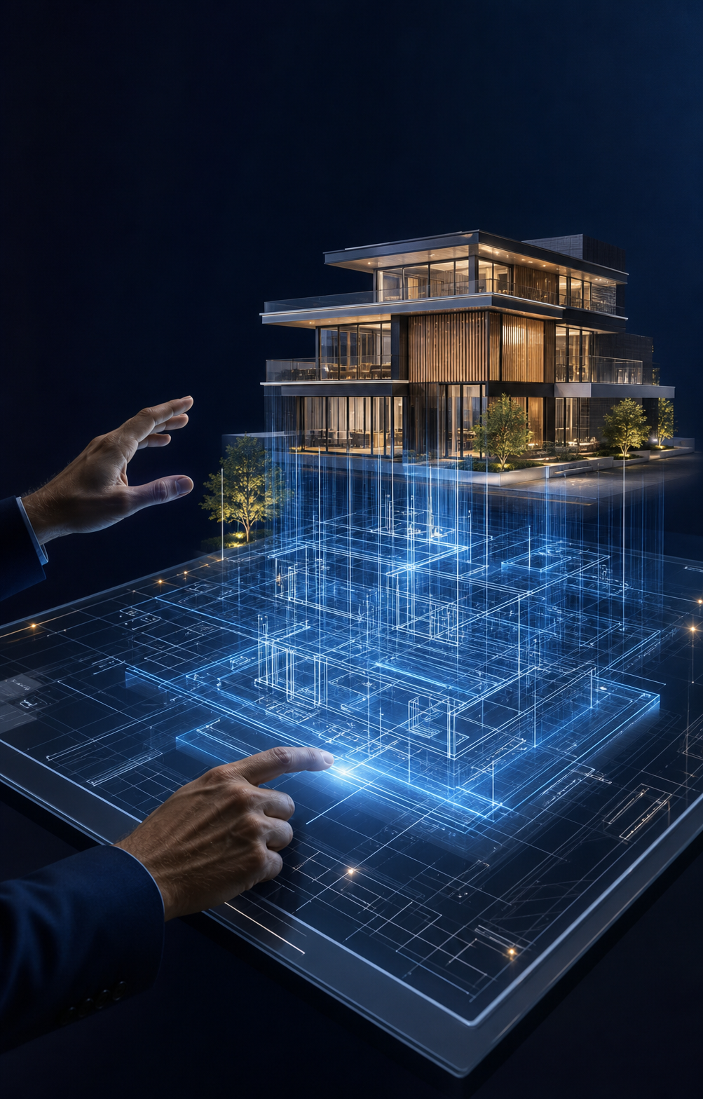 Architect interacting with a transparent digital table as a custom building model rises from holographic floor plans